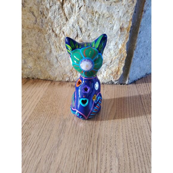 Mexican Pottery Blue Cat Figure Folk Art Hand Painted EUC - Picture 4 of 8